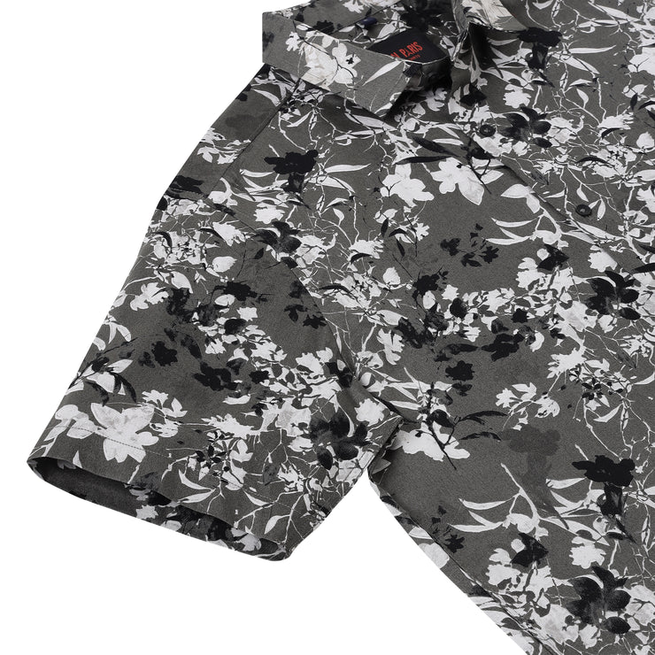 Half Sleeve Slim Fit Shirt- Grey with Black and White Floral Pattern (GP043)