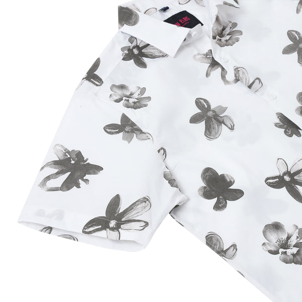Half Sleeve Slim Fit Shirt - White with Grey Floral Pattern (GP050)