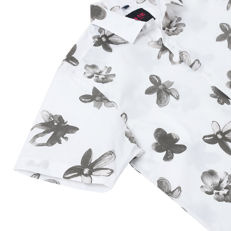 Half Sleeve Slim Fit Shirt - White with Grey Floral Pattern (GP050)