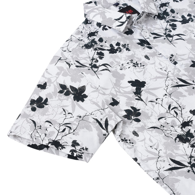 Half Sleeve Slim Fit Shirt- White with Black and Grey Floral Pattern (GP044)