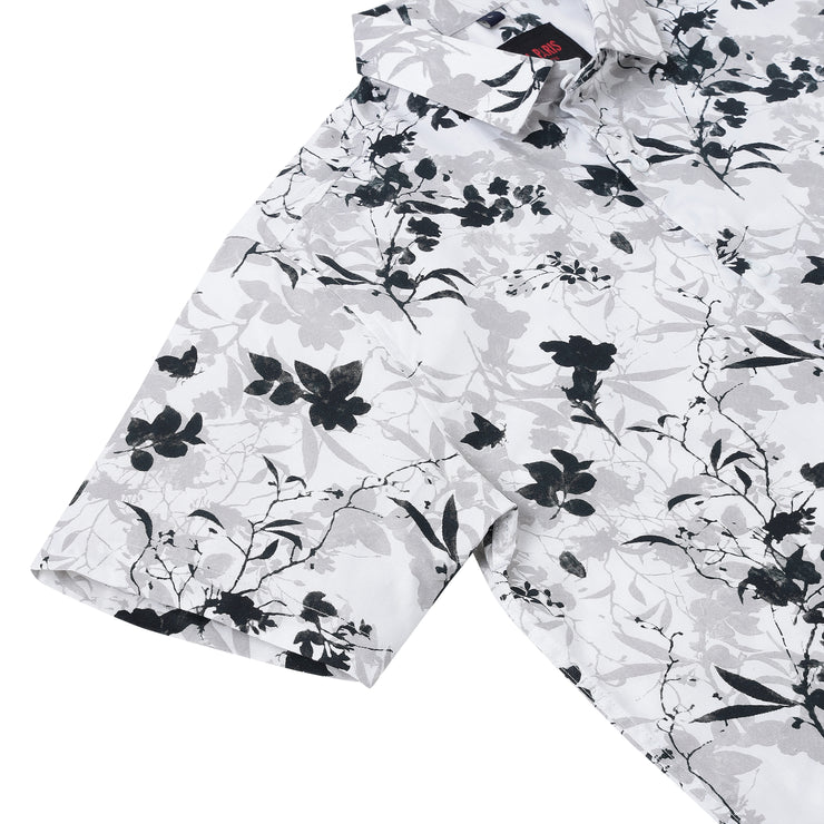 Half Sleeve Shirt- White with Black and Grey Floral Pattern (GP044)