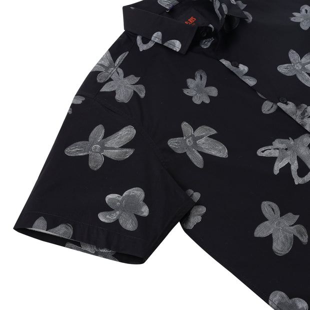 Half Sleeve Slim Fit Shirt - Black with Grey Floral Pattern (GP049)