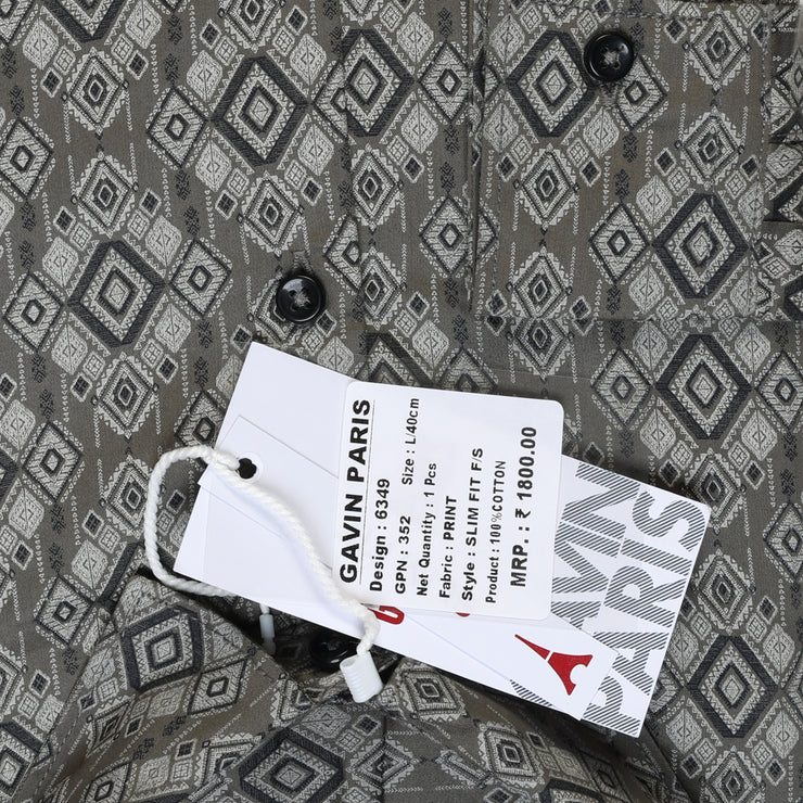 Olive Green Diamond Print Slim Fit Men's Full Sleeve Shirt (GP352)