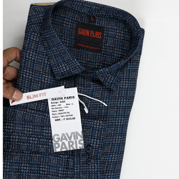 Blue Geometric Slim Fit Full Sleeve Shirt (GP187)