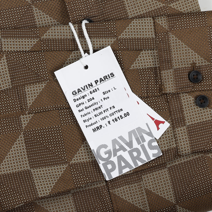 Full-Sleeve Brown Geometric Pattern Slim Fit Shirt (GP204)