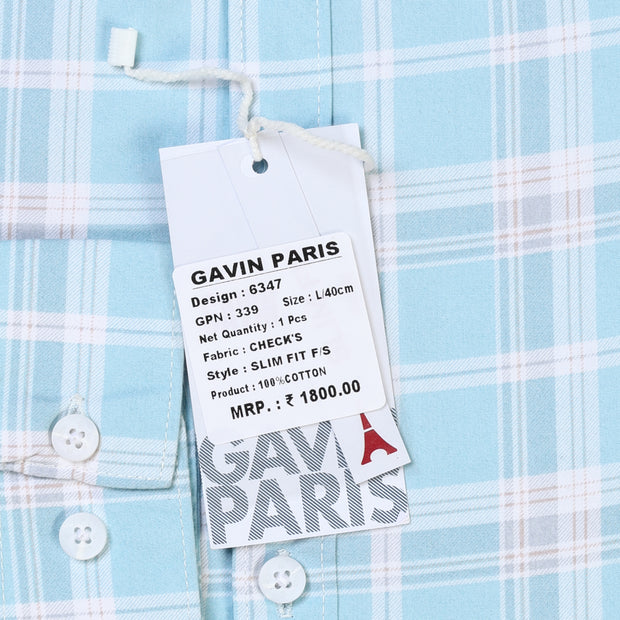 Aqua Blue Checkered Slim Fit Men's Full Sleeve Shirt (GP339)