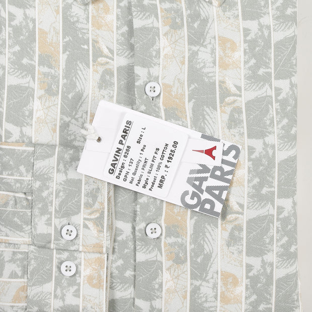 Light Grey and Beige Striped Floral Pattern Slim Fit Full Sleeve Shirt (GP137)