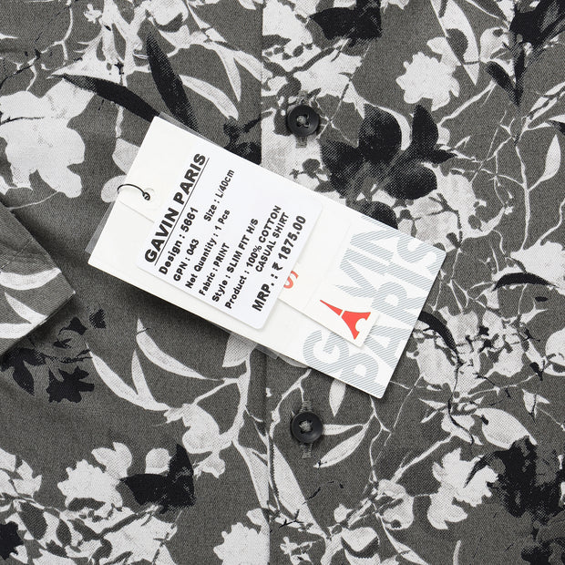 Half Sleeve Slim Fit Shirt- Grey with Black and White Floral Pattern (GP043)