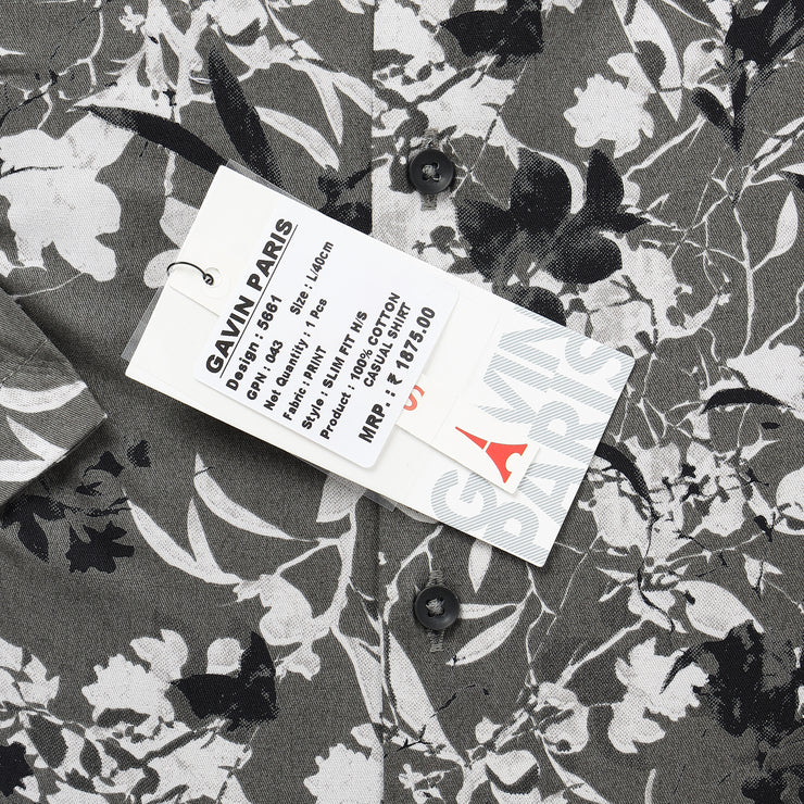 Half Sleeve Slim Fit Shirt- Grey with Black and White Floral Pattern (GP043)