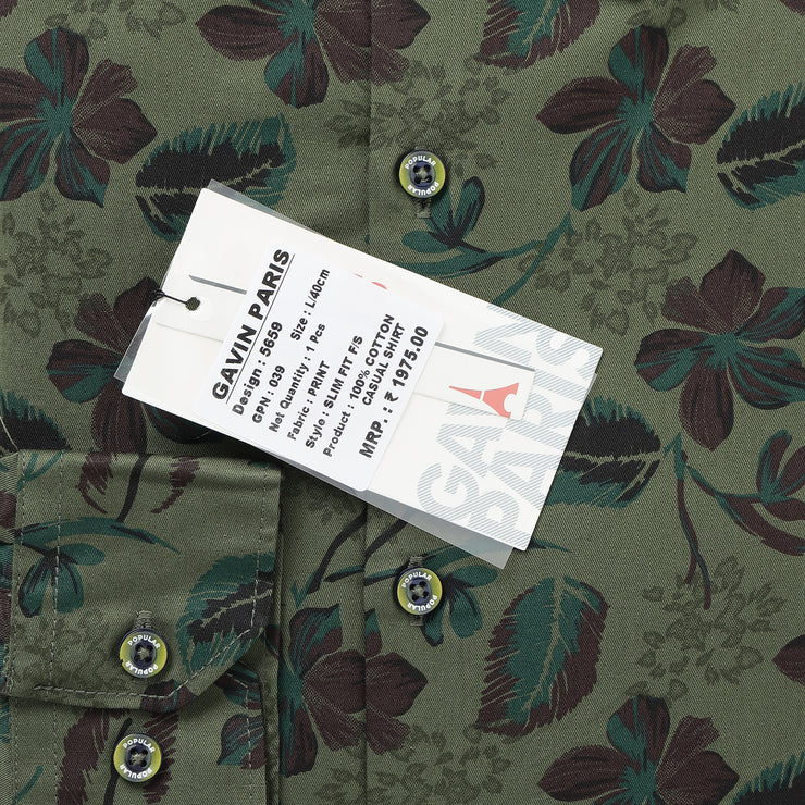 Olive Green Floral Full-Sleeve Shirt (GP039)