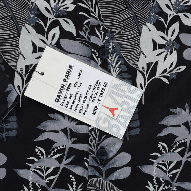 Half Sleeve Slim Fit Shirt - Black with Blue Botanical Pattern (GP053)
