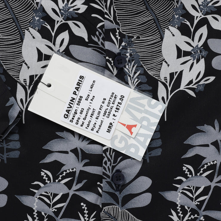 Half Sleeve Shirt - Black with Blue Botanical Pattern (GP053)