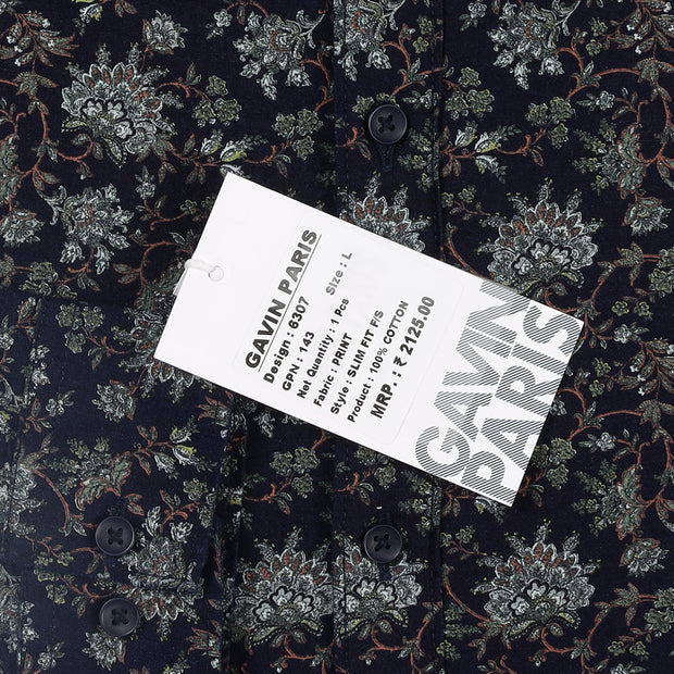 Navy Blue Floral Print Slim Fit Full Sleeve Shirt (GP143)