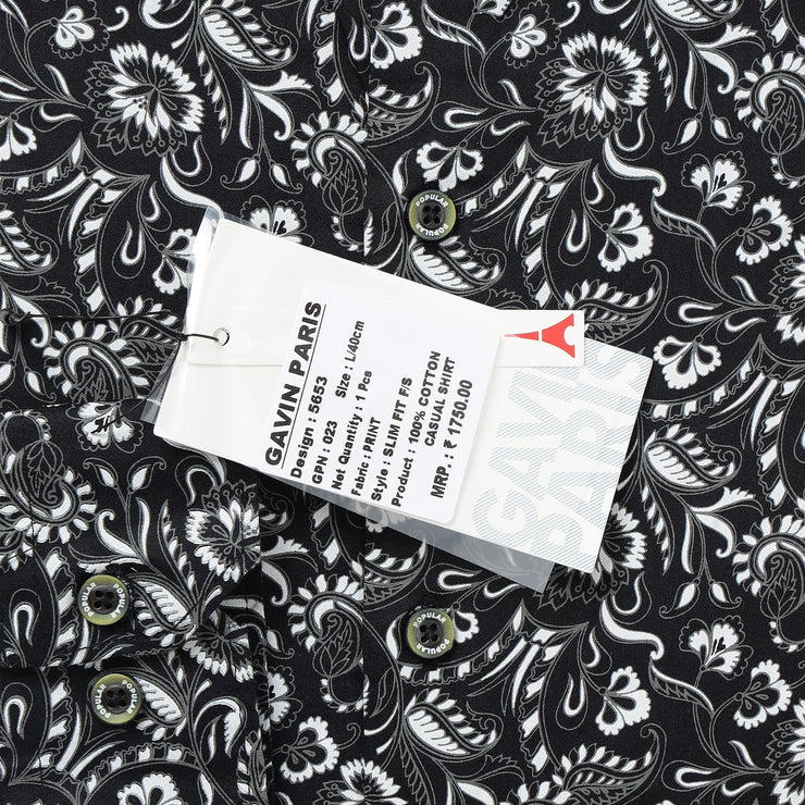 Black with White Floral Pattern Full Sleeve Shirt (GP023)