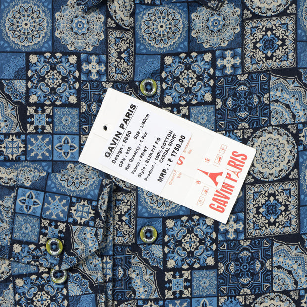 Mosaic Pattern Slim Fit Full-Sleeve Shirt - Blue & Beige (GP016)