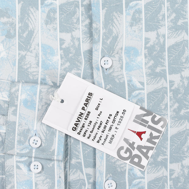 Light Blue and White Striped Floral Pattern Slim Fit  Full Sleeve Shirt (GP136)