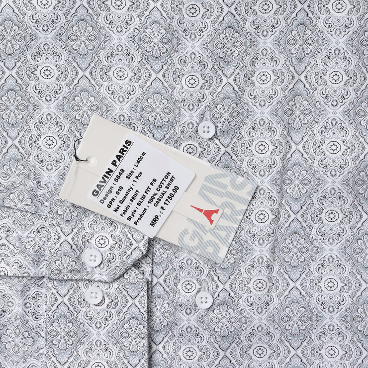 Full Sleeve Shirt - White with Grey Ornate Pattern (GP010)