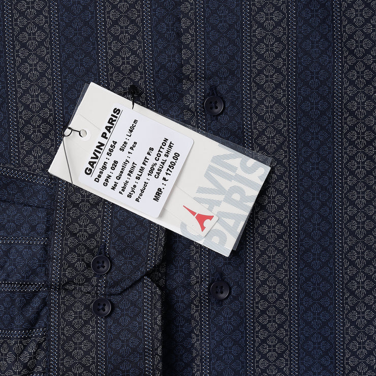 Full Sleeve Shirt - Navy Blue with Vertical Geometric Pattern (GP026)