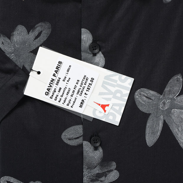 Half Sleeve Slim Fit Shirt - Black with Grey Floral Pattern (GP049)