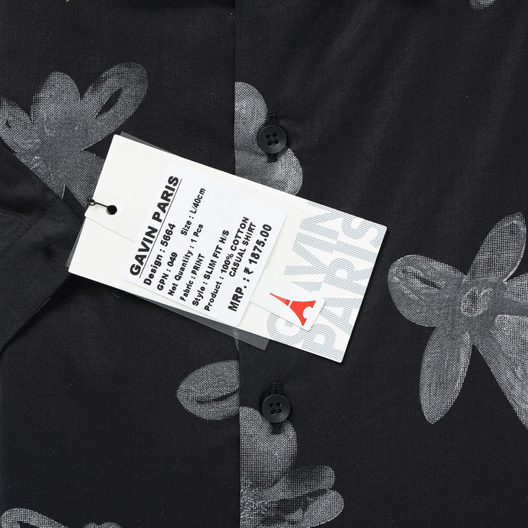 Half Sleeve Shirt - Black with Grey Floral Pattern (GP049)
