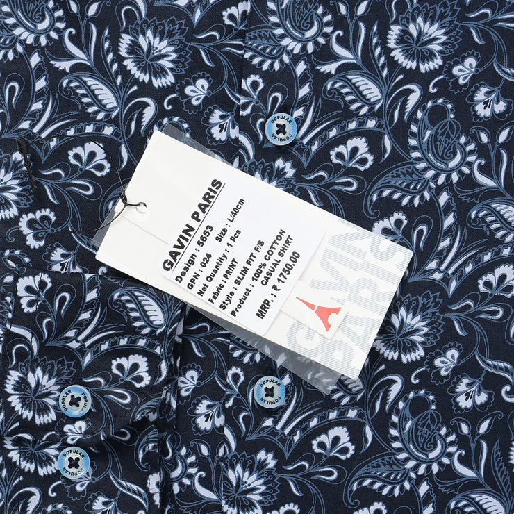 Navy Blue with White Floral Pattern Full Sleeve Shirt (GP024)