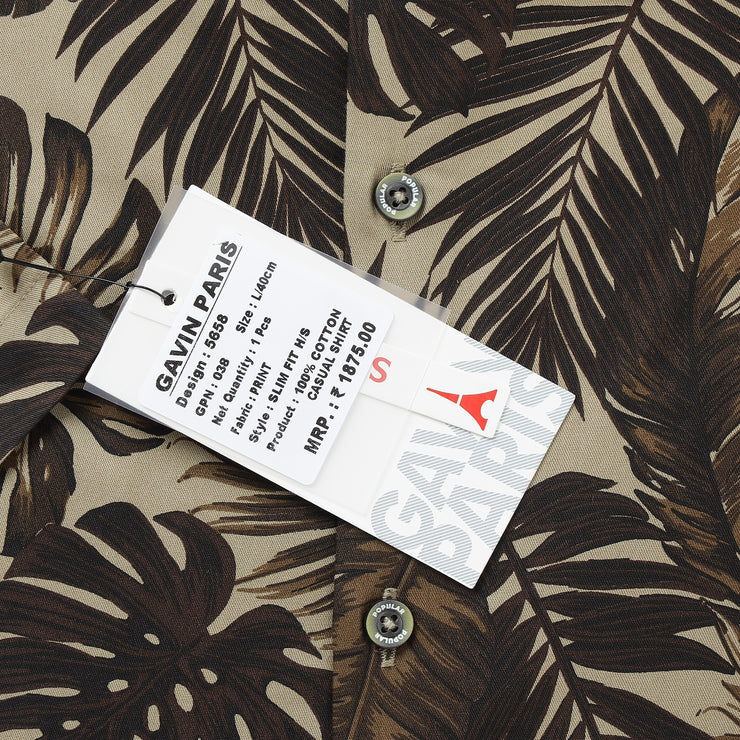 Half Sleeve Shirt - Beige with Brown Tropical Leaf Pattern (GP038)
