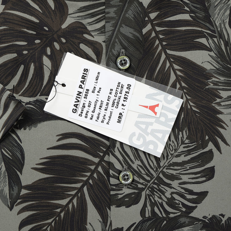 Grey with Brown Tropical Leaf Pattern Half Sleeve Shirt (GP037)