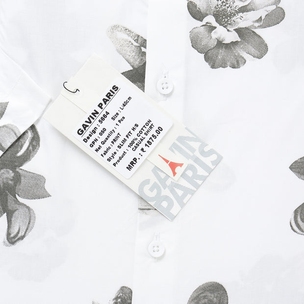 Half Sleeve Slim Fit Shirt - White with Grey Floral Pattern (GP050)