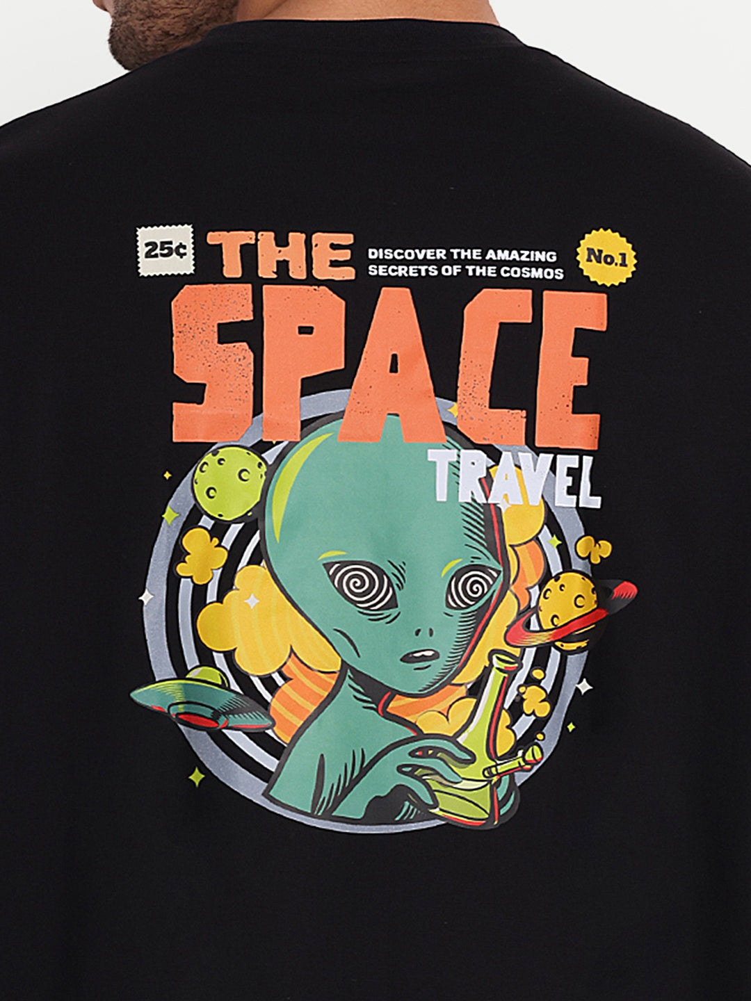 The Space Travel Black Back Print Drop-shoulder Oversized Tee by Gavin Paris