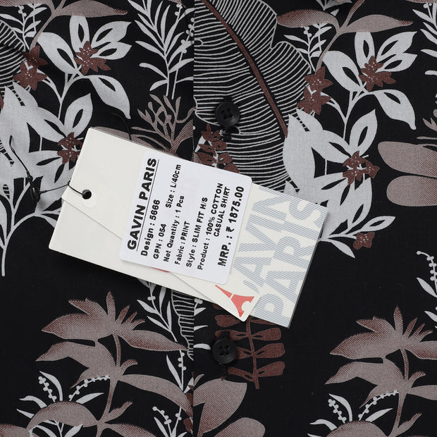 Half Sleeve Slim Fit Shirt - Black with Grey Floral Pattern (GP054)