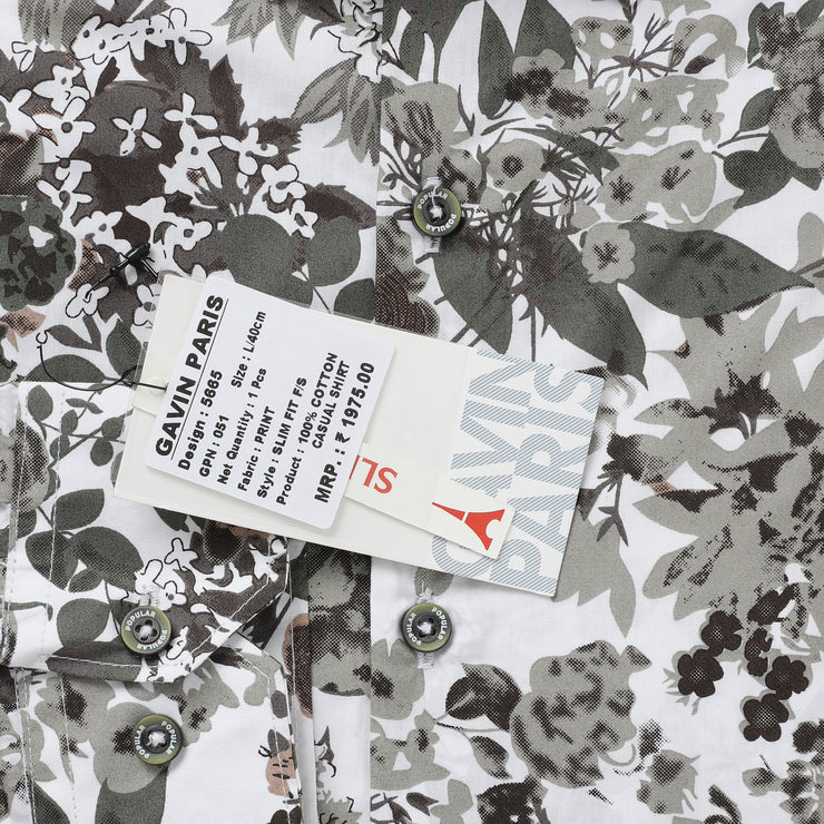 White with Green and Brown Floral Pattern Full Sleeve Shirt (GP051)