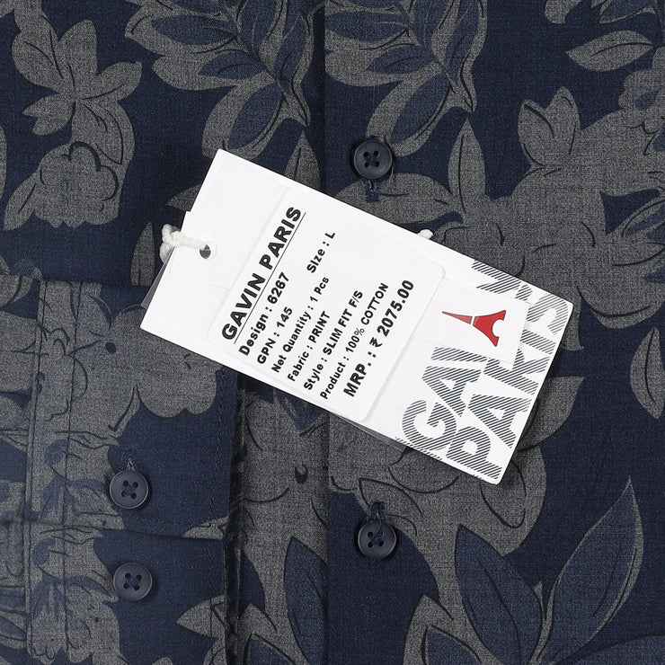Navy Blue Floral Print Slim Fit Full Sleeve Shirt (GP145)