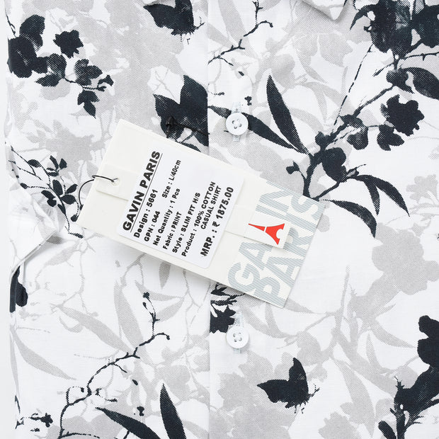 Half Sleeve Slim Fit Shirt- White with Black and Grey Floral Pattern (GP044)