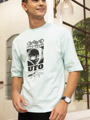 UFO Aqua Blue Black Oversized Drop Shoulder Unisex Tshirt By Gavin Paris