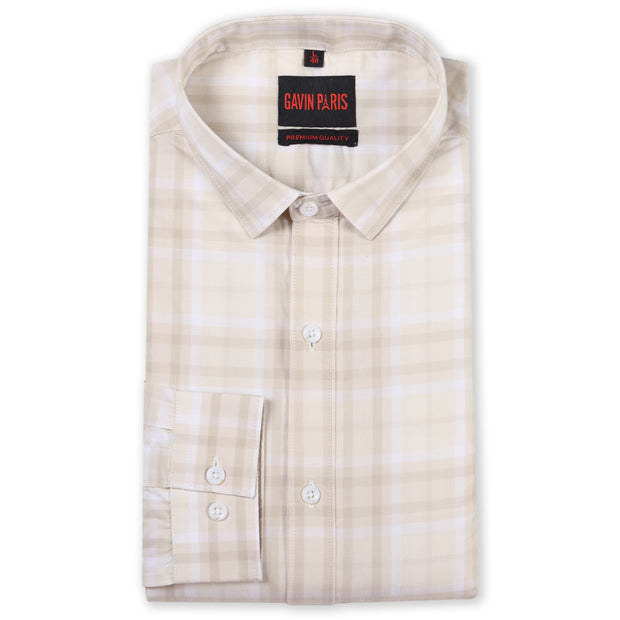Beige Checkered Slim Fit Cotton Men's Full Sleeve Shirt (GP349)