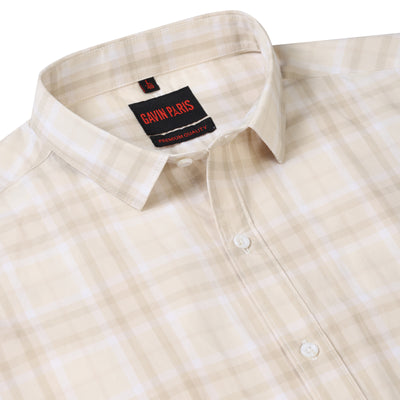 Beige Checkered Slim Fit Cotton Men's Full Sleeve Shirt (GP349)