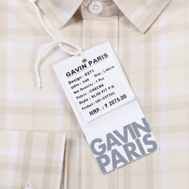 Beige Checkered Slim Fit Cotton Men's Full Sleeve Shirt (GP349)