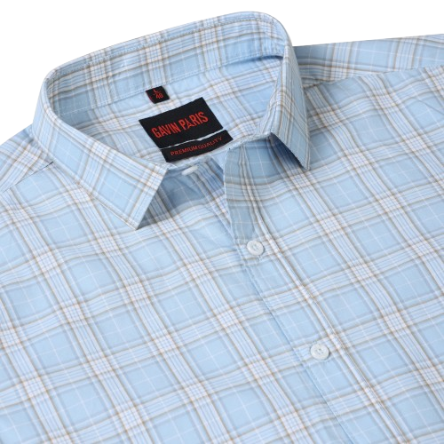 Sky Blue Checkered Slim Fit Cotton Men's Full Sleeve Shirt (GP373)