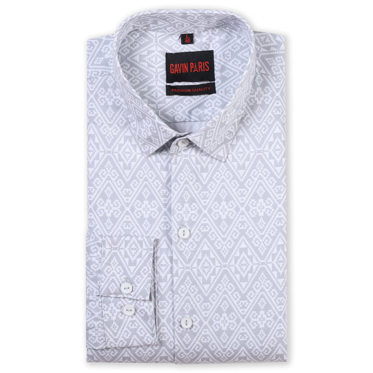 Grey Aztec Print Slim Fit Cotton Men's Full Sleeve Shirt (GP376)
