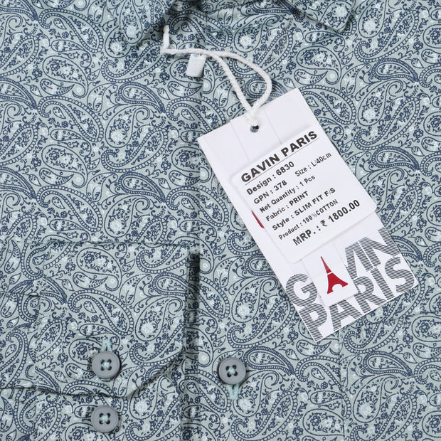 Green Paisley Print Slim Fit Cotton Men's Full Sleeve Shirt With Pocket (GP378)