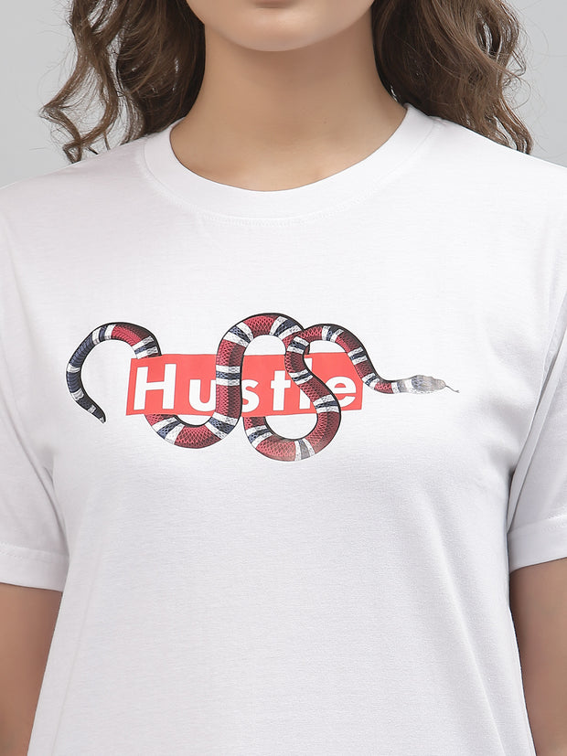 Hustle White Printed Regular Unisex Tee