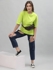 Alien Face Neon Green Drop-Shoulder Oversized Tee for Women