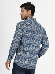 Mosaic Pattern Slim Fit Full-Sleeve Shirt - Blue & Beige (GP016)