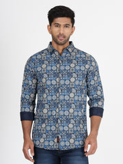 Mosaic Pattern Slim Fit Full-Sleeve Shirt - Blue & Beige (GP016)