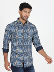 Mosaic Pattern Slim Fit Full-Sleeve Shirt - Blue & Beige (GP016)