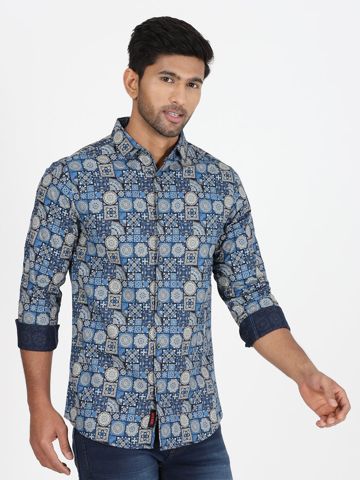 Mosaic Pattern Slim Fit Full-Sleeve Shirt - Blue & Beige (GP016)