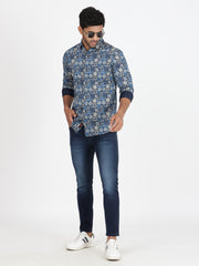 Mosaic Pattern Slim Fit Full-Sleeve Shirt - Blue & Beige (GP016)