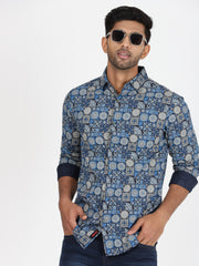 Mosaic Pattern Slim Fit Full-Sleeve Shirt - Blue & Beige (GP016)