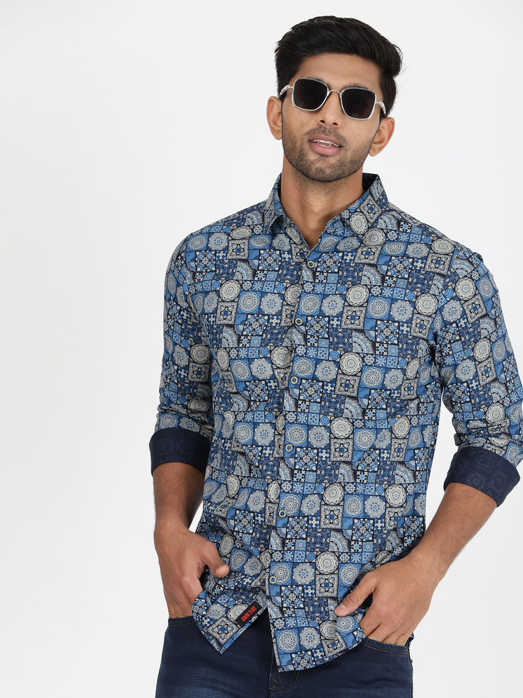 Mosaic Pattern Slim Fit Full-Sleeve Shirt - Blue & Beige (GP016)
