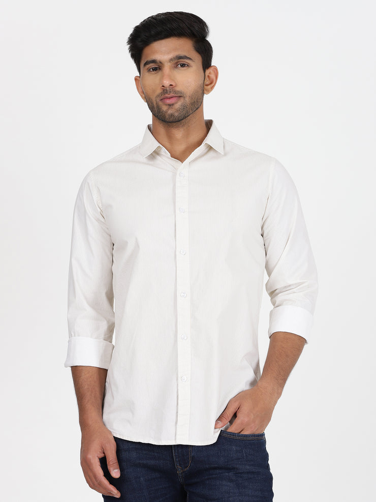 Beige Striped Slim Fit Full-Sleeve Shirt (GP079)